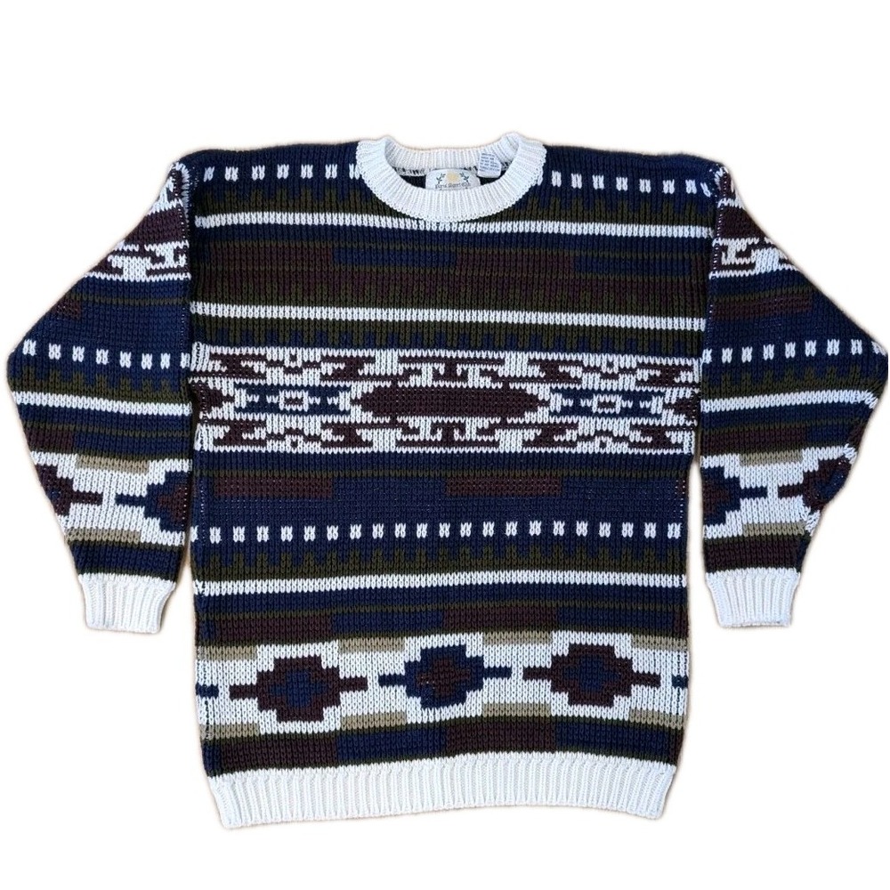 90s Paris Sport Club Knit Sweater Womens Large Fair Isle Pullover Geometric VTG